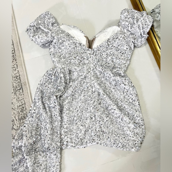 Sheer Illusion Corset Style Short Sequin Mini Dress With Side Train - Picture 13 of 13